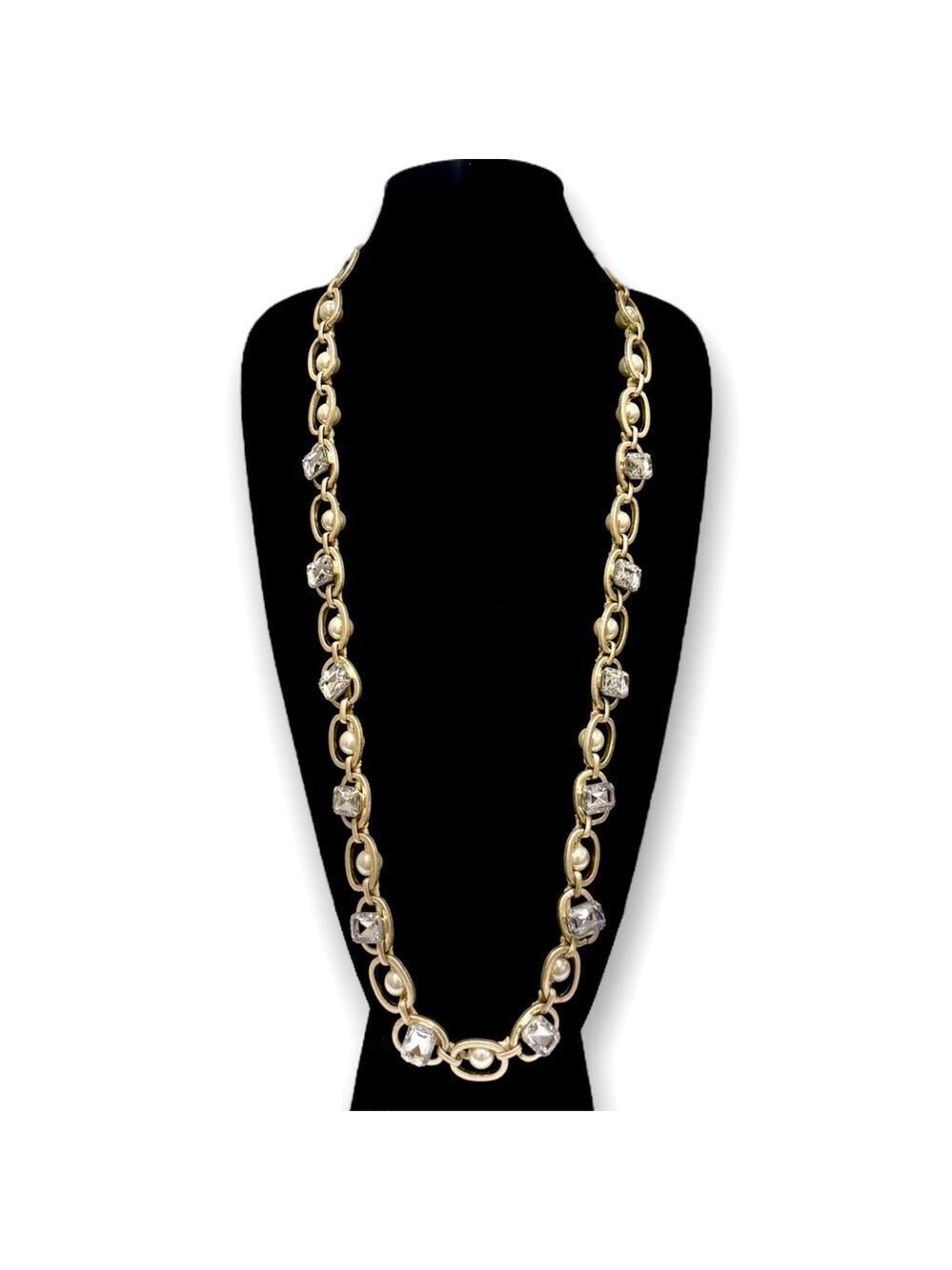NEIMAN MARCUS Matte Gold Links-Pearls & Large Crystals Statement Necklace | NWT